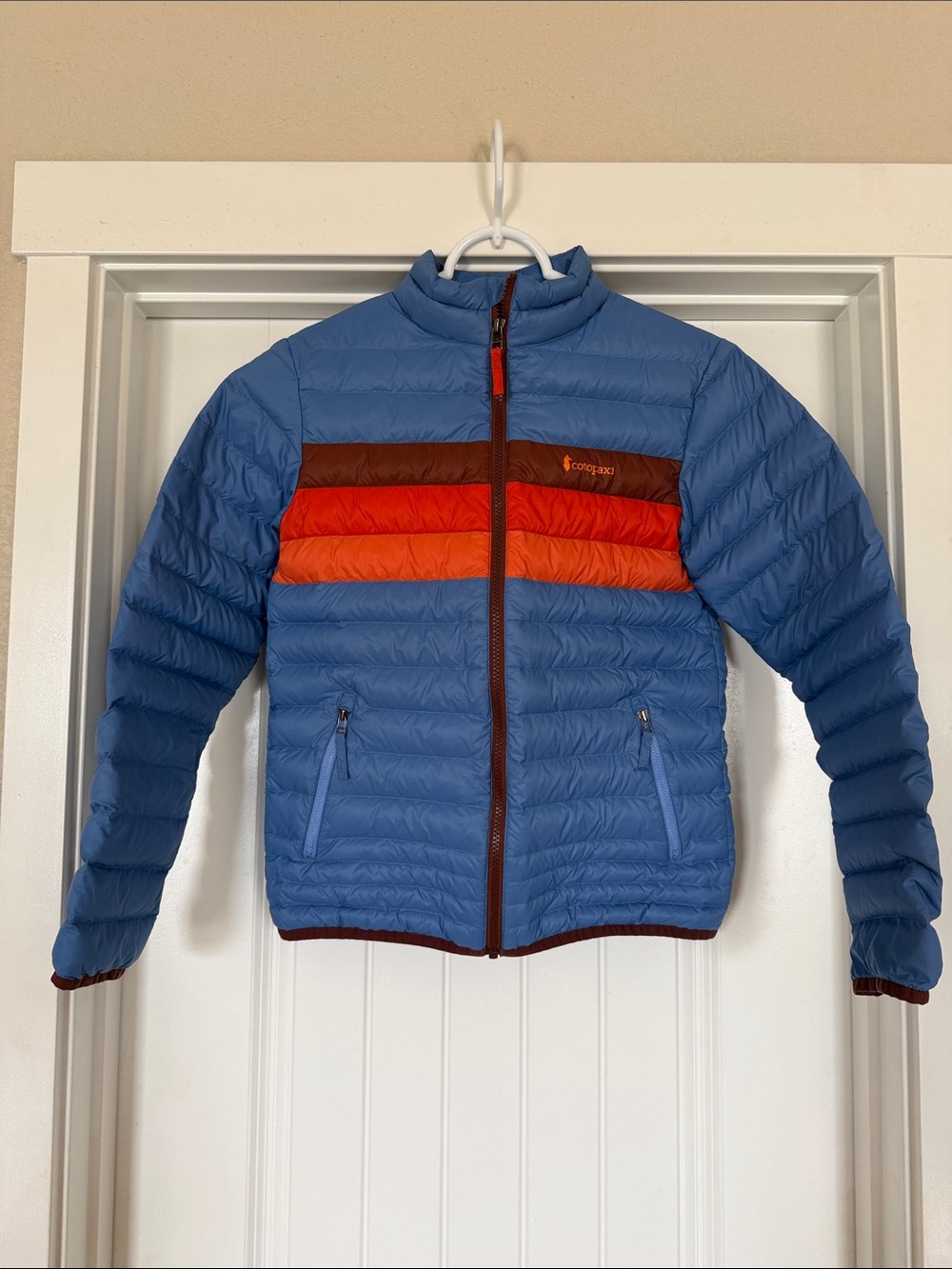 Cotopaxi Kids Fuego Down Jacket Blue Orange Stripes Size Large EUC